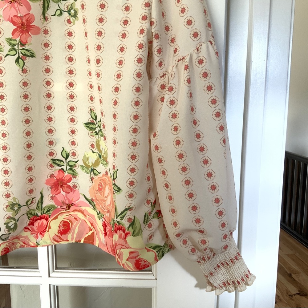 Floral Print Banded Neckline Long Bubble Sleeve Blouse Top NWT - Picture 11 of 12